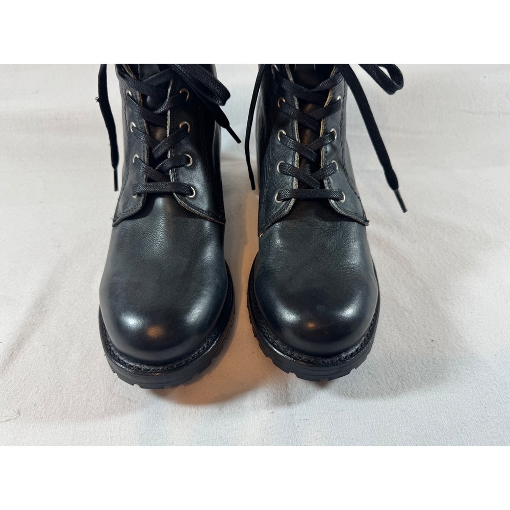 Frye Sabrina 6G Black Leather Lace Up Combat Boots Vibram Sole Block Heel - Picture 3 of 11